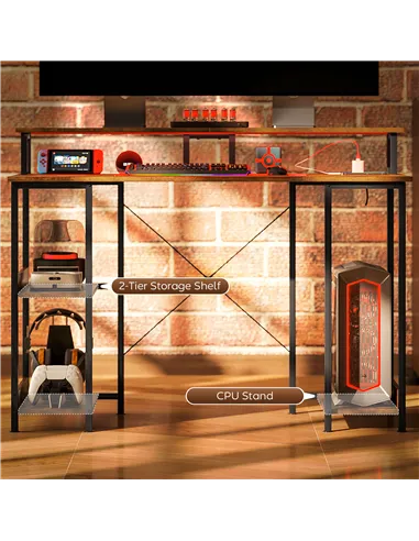 HOMCOM LED Computer Desk, with Power Outlets and Shelves - Rustic Brown