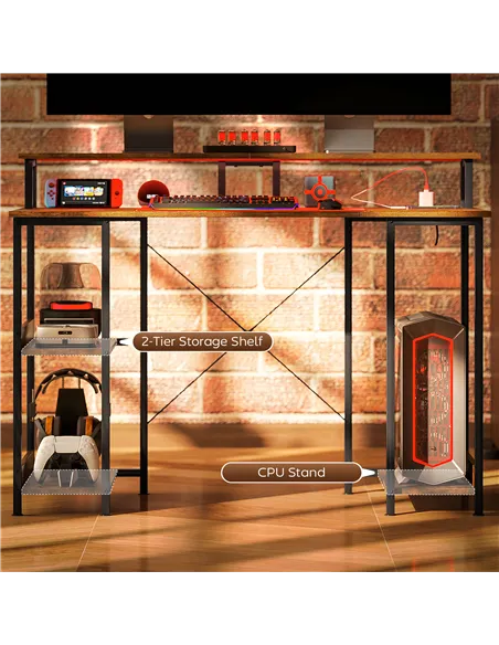 HOMCOM LED Computer Desk, with Power Outlets and Shelves - Rustic Brown