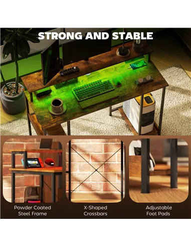 HOMCOM LED Computer Desk, with Power Outlets and Shelves - Rustic Brown