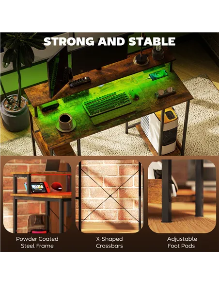 HOMCOM LED Computer Desk, with Power Outlets and Shelves - Rustic Brown