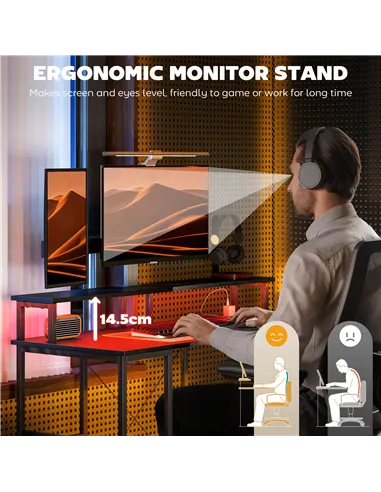 HOMCOM LED Computer Desk, with Power Outlets and Shelves - Black