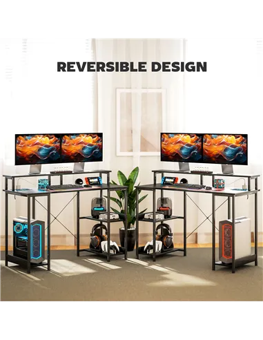 HOMCOM LED Computer Desk, with Power Outlets and Shelves - Black