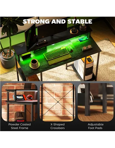 HOMCOM LED Computer Desk, with Power Outlets and Shelves - Black