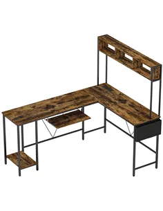HOMCOM 160cm Reversible L Shaped Desk with Power Outlet, Industrial Corner Desk with Storage Shelves and Keyboard Tray, 240cm Lo