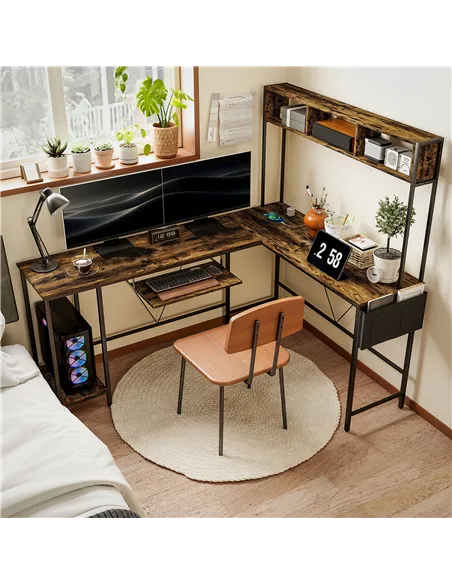 HOMCOM 160cm Reversible L Shaped Desk with Power Outlet, Industrial Corner Desk with Storage Shelves and Keyboard Tray, 240cm Lo