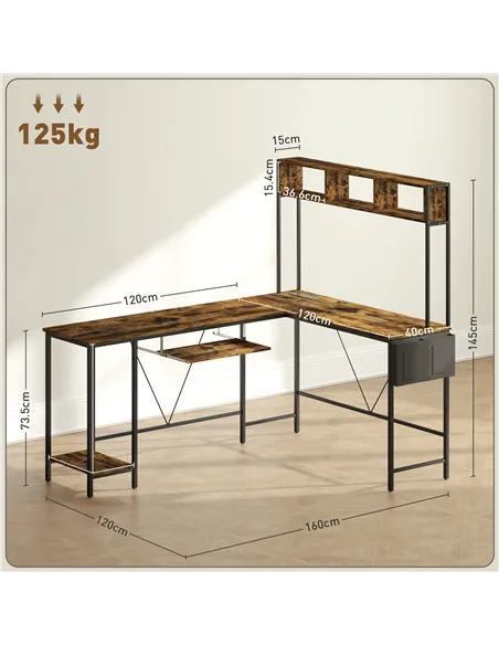 HOMCOM 160cm Reversible L Shaped Desk with Power Outlet, Industrial Corner Desk with Storage Shelves and Keyboard Tray, 240cm Lo