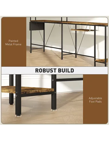 HOMCOM 160cm Reversible L Shaped Desk with Power Outlet, Industrial Corner Desk with Storage Shelves and Keyboard Tray, 240cm Lo