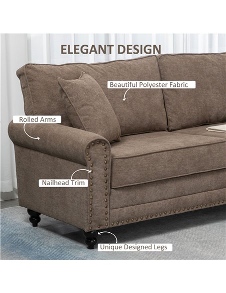 HOMCOM 3 Seater Sofa, Fabric Couch with Rubber Wood Legs, 3 Seater Settee with Extra Padded Cushions and Pillows for Living Room