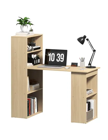 HOMCOM 120cm Computer Desk, Wooden PC Laptop Table with 6-Tier Storage Bookshelves, Home Office Working Study Desk, Writing Work