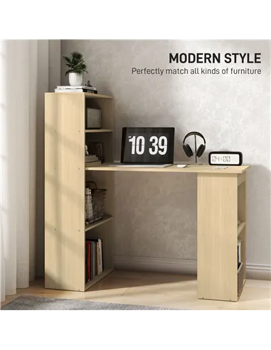 HOMCOM 120cm Computer Desk, Wooden PC Laptop Table with 6-Tier Storage Bookshelves, Home Office Working Study Desk, Writing Work