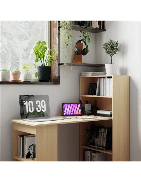 HOMCOM 120cm Computer Desk, Wooden PC Laptop Table with 6-Tier Storage Bookshelves, Home Office Working Study Desk, Writing Work