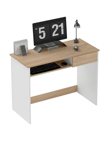 HOMCOM 100cm Compact Computer Desk with Keyboard Tray, Home Office Desk with Drawer for Bedroom Study, Oak