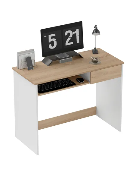 HOMCOM 100cm Compact Computer Desk with Keyboard Tray, Home Office Desk with Drawer for Bedroom Study, Oak