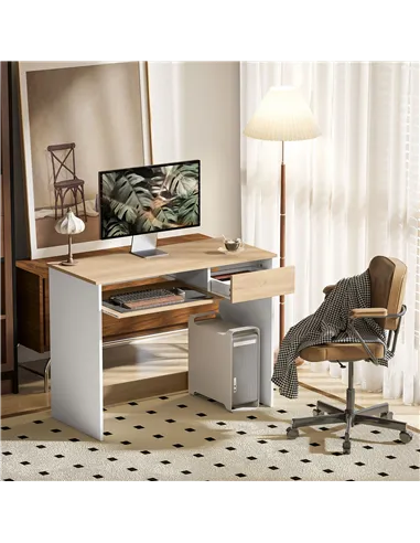 HOMCOM 100cm Compact Computer Desk with Keyboard Tray, Home Office Desk with Drawer for Bedroom Study, Oak