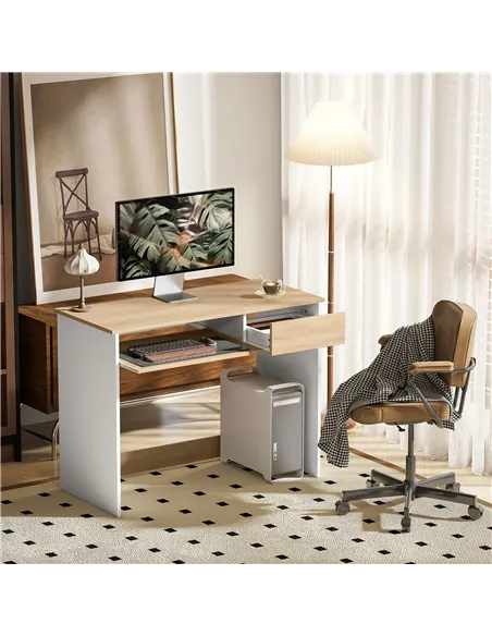 HOMCOM 100cm Compact Computer Desk with Keyboard Tray, Home Office Desk with Drawer for Bedroom Study, Oak