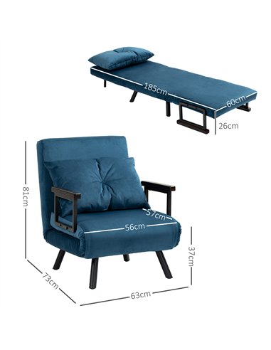 HOMCOM 4-in-1 Velvet-Feel Single Chair Bed, with Pillow - Navy Blue