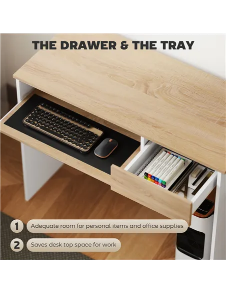 HOMCOM 100cm Compact Computer Desk with Keyboard Tray, Home Office Desk with Drawer for Bedroom Study, Oak