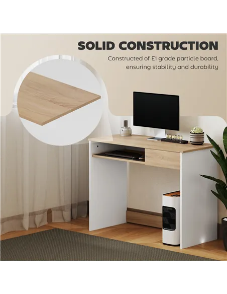 HOMCOM 100cm Compact Computer Desk with Keyboard Tray, Home Office Desk with Drawer for Bedroom Study, Oak