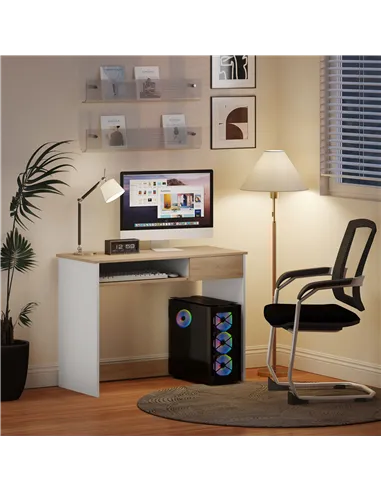 HOMCOM 100cm Compact Computer Desk with Keyboard Tray, Home Office Desk with Drawer for Bedroom Study, Oak