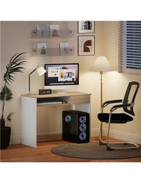 HOMCOM 100cm Compact Computer Desk with Keyboard Tray, Home Office Desk with Drawer for Bedroom Study, Oak