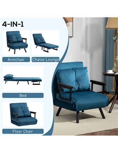 HOMCOM 4-in-1 Velvet-Feel Single Chair Bed, with Pillow - Navy Blue