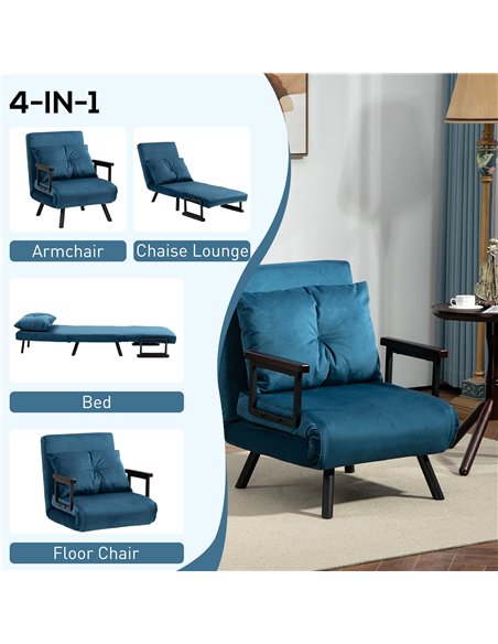 HOMCOM 4-in-1 Velvet-Feel Single Chair Bed, with Pillow - Navy Blue