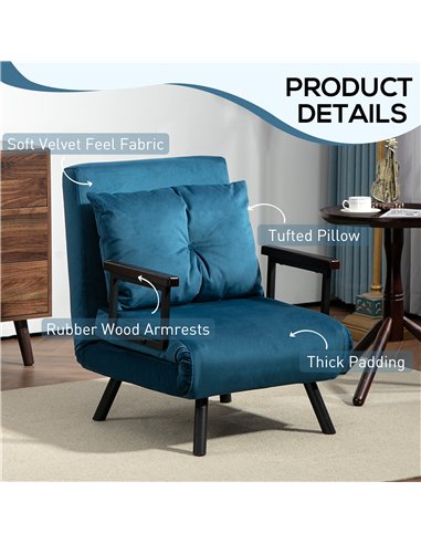 HOMCOM 4-in-1 Velvet-Feel Single Chair Bed, with Pillow - Navy Blue