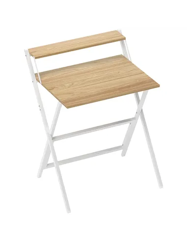 HOMCOM 70 cm Folding Computer Desk with Monitor Shelf - Natural Wood Finish