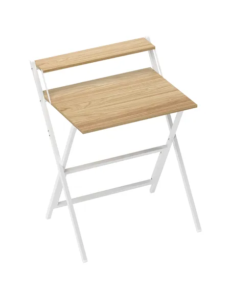 HOMCOM 70 cm Folding Computer Desk with Monitor Shelf - Natural Wood Finish