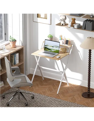 HOMCOM 70 cm Folding Computer Desk with Monitor Shelf - Natural Wood Finish