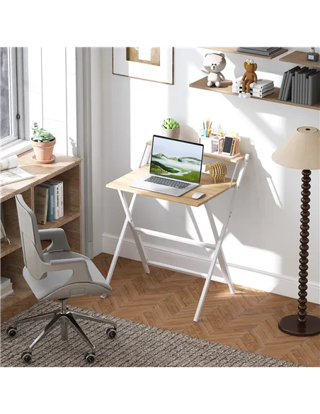 HOMCOM 70 cm Folding Computer Desk with Monitor Shelf - Natural Wood Finish