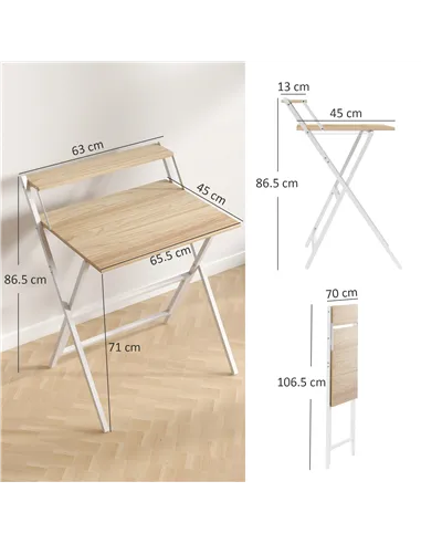 HOMCOM 70 cm Folding Computer Desk with Monitor Shelf - Natural Wood Finish