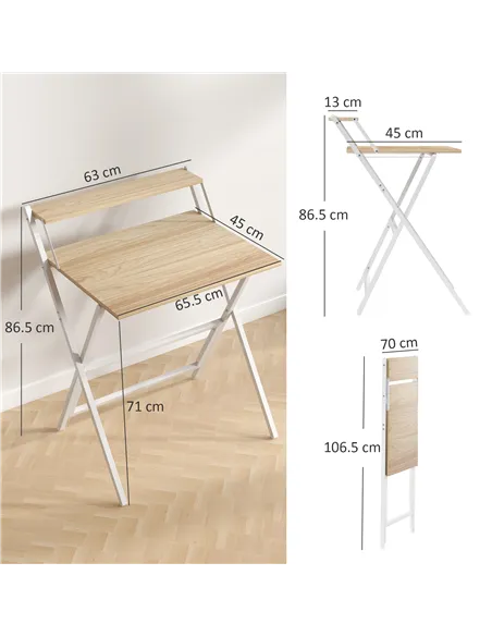 HOMCOM 70 cm Folding Computer Desk with Monitor Shelf - Natural Wood Finish