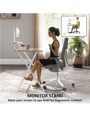 HOMCOM 70 cm Folding Computer Desk with Monitor Shelf - Natural Wood Finish