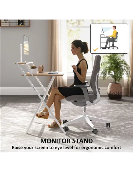 HOMCOM 70 cm Folding Computer Desk with Monitor Shelf - Natural Wood Finish