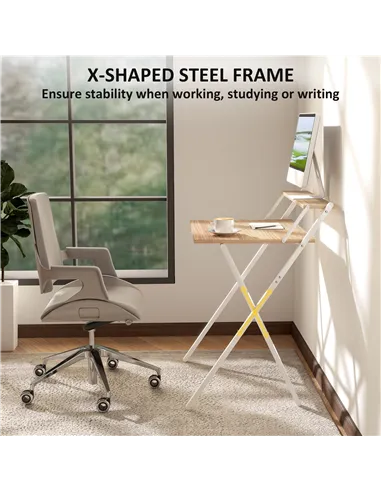 HOMCOM 70 cm Folding Computer Desk with Monitor Shelf - Natural Wood Finish