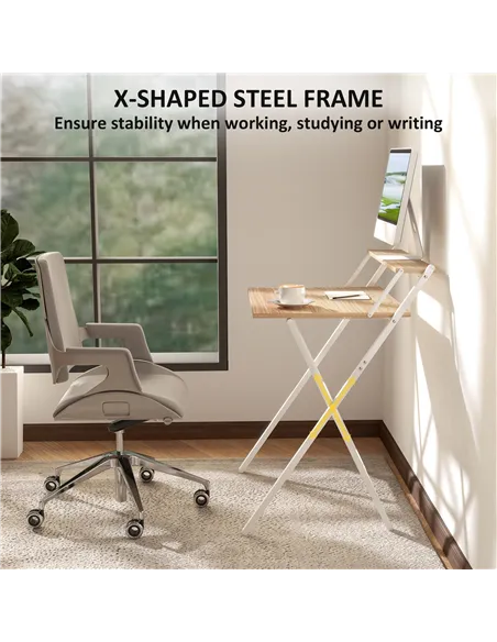 HOMCOM 70 cm Folding Computer Desk with Monitor Shelf - Natural Wood Finish