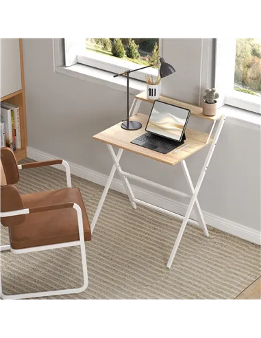 HOMCOM 70 cm Folding Computer Desk with Monitor Shelf - Natural Wood Finish