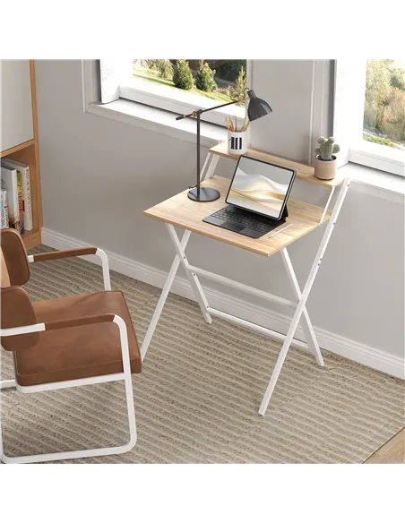 HOMCOM 70 cm Folding Computer Desk with Monitor Shelf - Natural Wood Finish