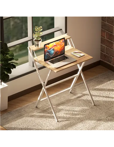 HOMCOM 70 cm Folding Computer Desk with Monitor Shelf - Natural Wood Finish