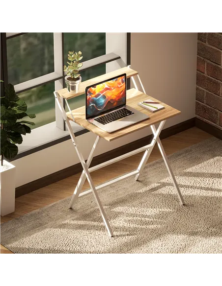 HOMCOM 70 cm Folding Computer Desk with Monitor Shelf - Natural Wood Finish