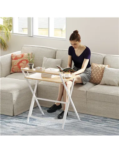 HOMCOM 70 cm Folding Computer Desk with Monitor Shelf - Natural Wood Finish