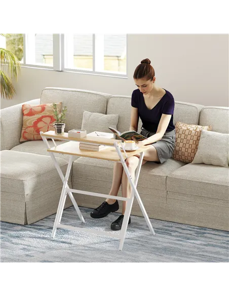 HOMCOM 70 cm Folding Computer Desk with Monitor Shelf - Natural Wood Finish