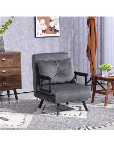 HOMCOM 4-in-1 Velvet-Feel Single Chair Bed, with Pillow - Charcoal Grey