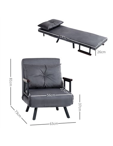 HOMCOM 4-in-1 Velvet-Feel Single Chair Bed, with Pillow - Charcoal Grey
