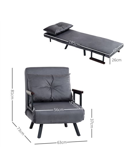 HOMCOM 4-in-1 Velvet-Feel Single Chair Bed, with Pillow - Charcoal Grey