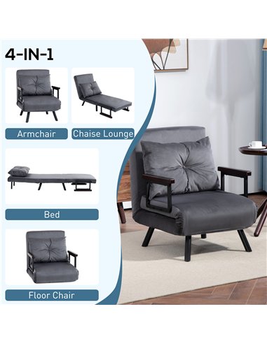 HOMCOM 4-in-1 Velvet-Feel Single Chair Bed, with Pillow - Charcoal Grey