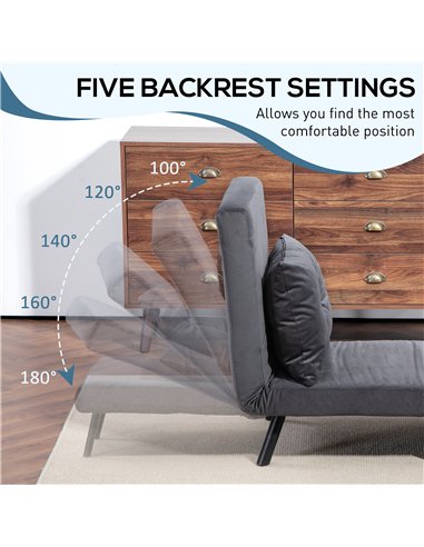 HOMCOM 4-in-1 Velvet-Feel Single Chair Bed, with Pillow - Charcoal Grey