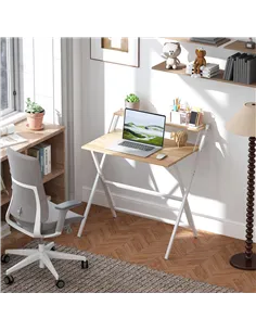 HOMCOM 81.5 cm Folding Computer Desk with Monitor Shelf - Natural Wood Finish 2