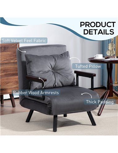 HOMCOM 4-in-1 Velvet-Feel Single Chair Bed, with Pillow - Charcoal Grey